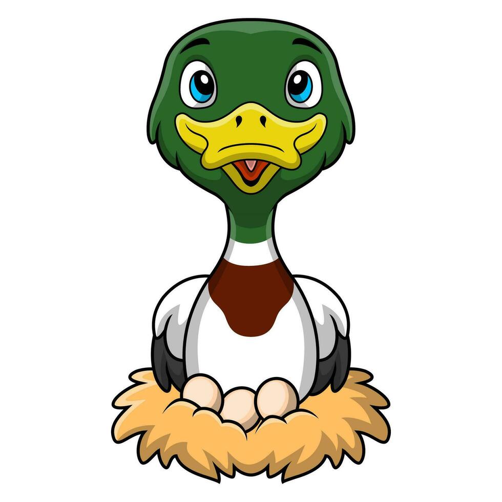 Cute duck cartoon with eggs in nest vector