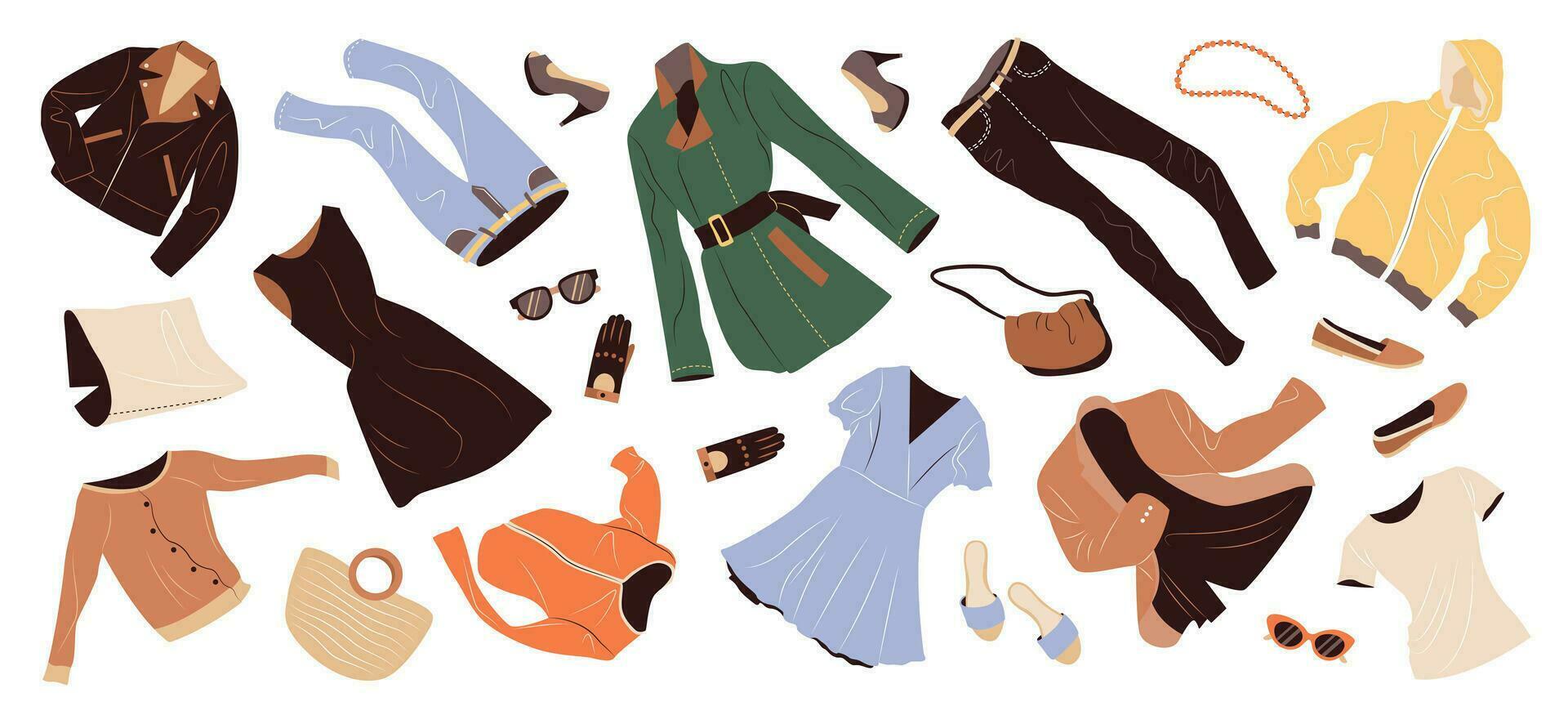 Set of fashion clothes for women. Casual garments and accessories for spring and summer. Coat, gloves, jacket, bags, shoes, trousers flying. Flat vector illustrations isolated on white background.