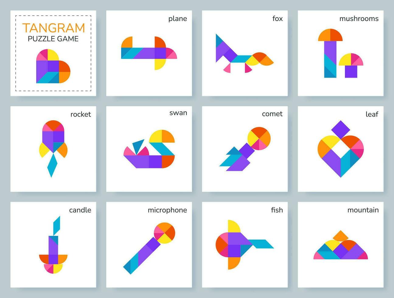 Tangram puzzle game for kids. Colorful geometric collection with isolated objects, animals, transport, birds. Tangram Leaf. Various icons on white backdrop. Vector illustration