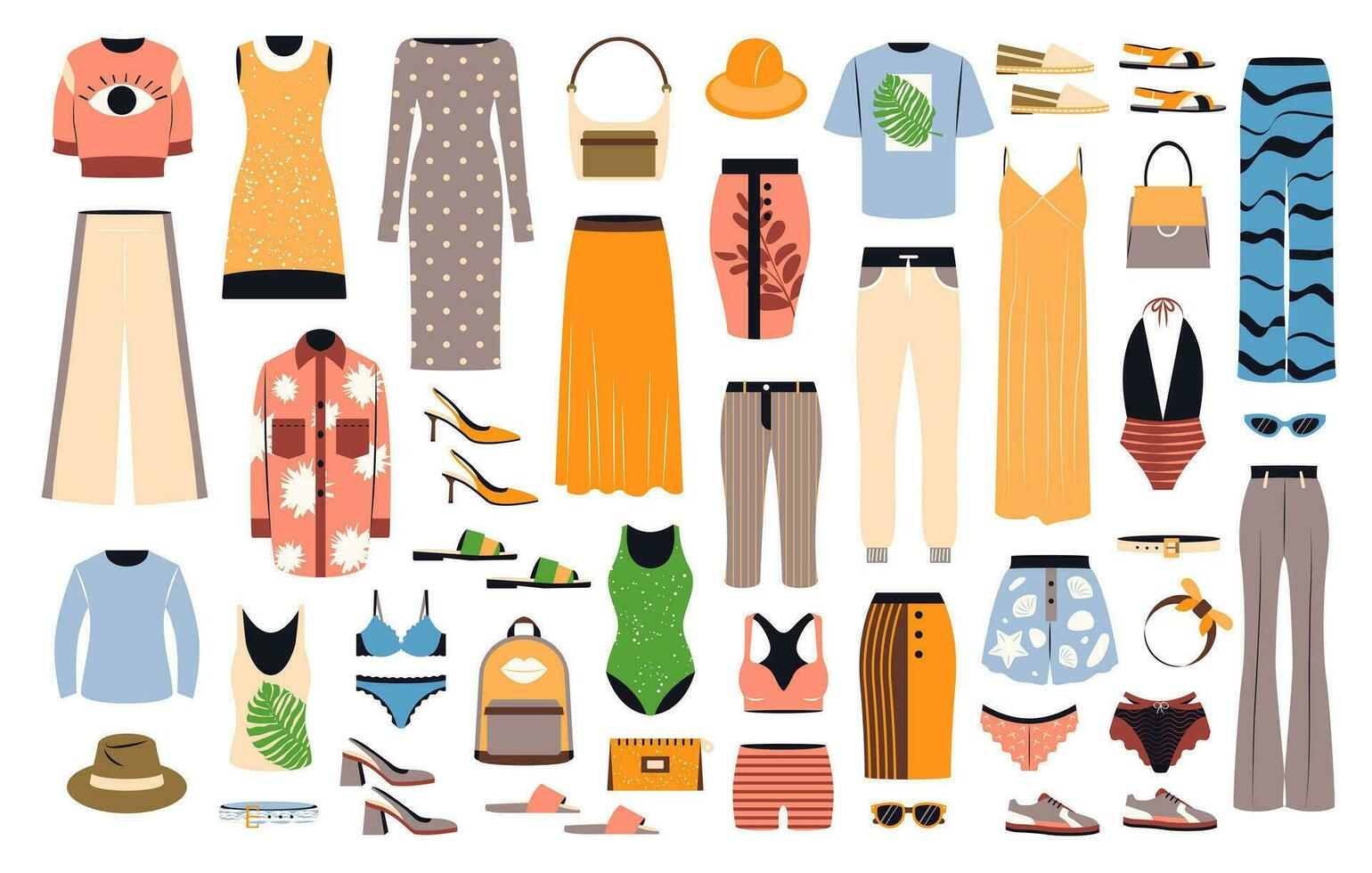 Big set of fashion clothing and accessories for summer. Female apparel, dresses, pants, shoes, lingerie, hats, bags, swimwear in casual style. Flat vector illustrations isolated on white background.