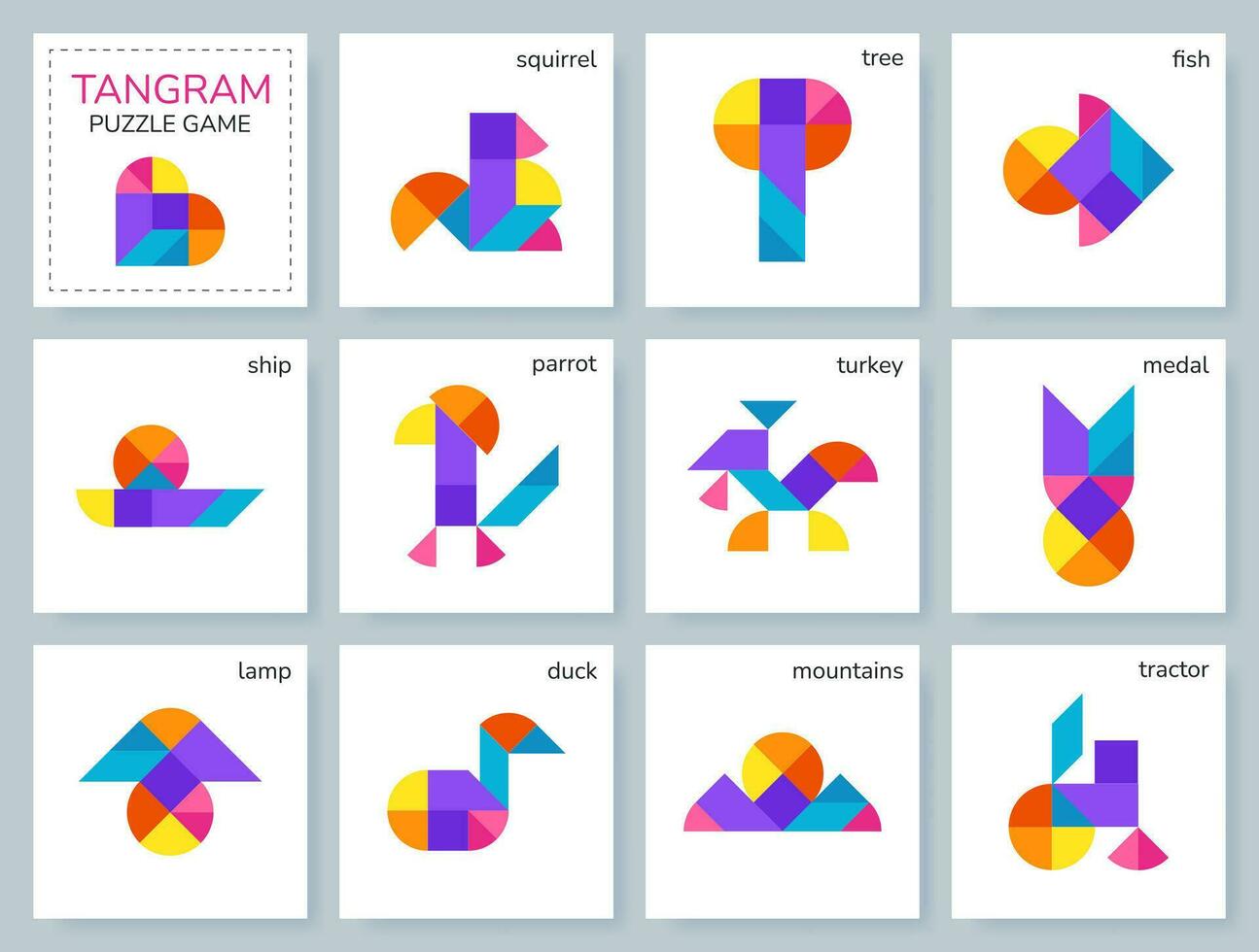 Tangram puzzle game for kids. Colorful geometric collection with isolated objects. Tangram Leaf. Various icons on white backdrop. Vector illustration