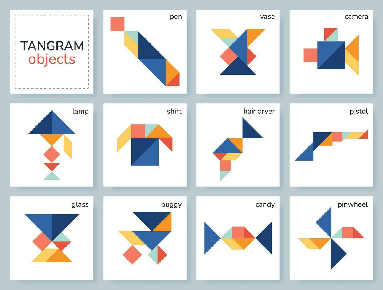 Tangram puzzle game for kids. Colorful geometric collection with isolated objects. Tangram various icons on white backdrop. Vector illustration