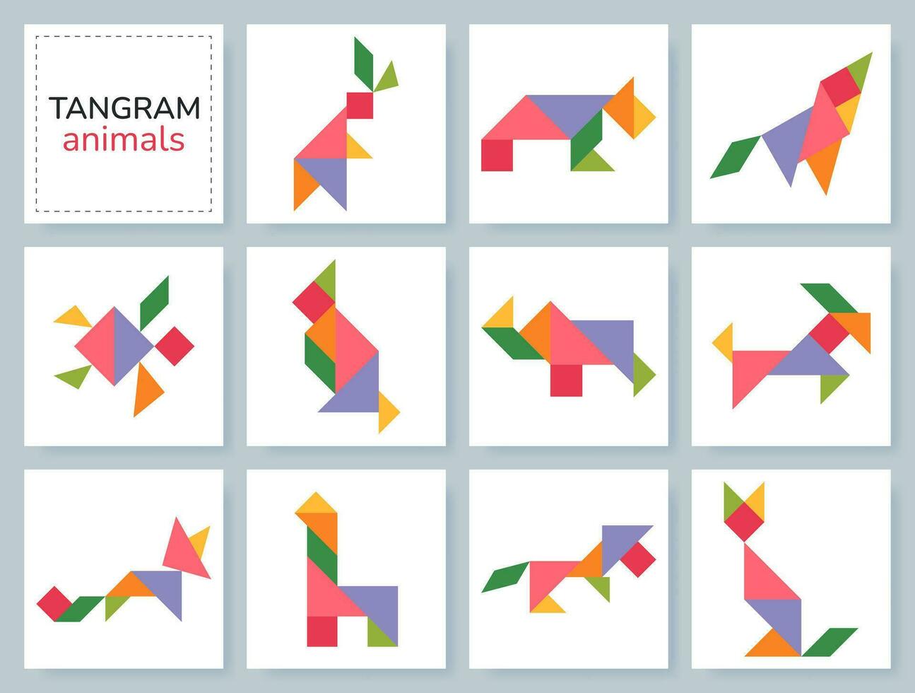 Tangram puzzle game for kids. Colorful geometric collection with isolated animals. Tangram various icons on white backdrop. Vector illustration