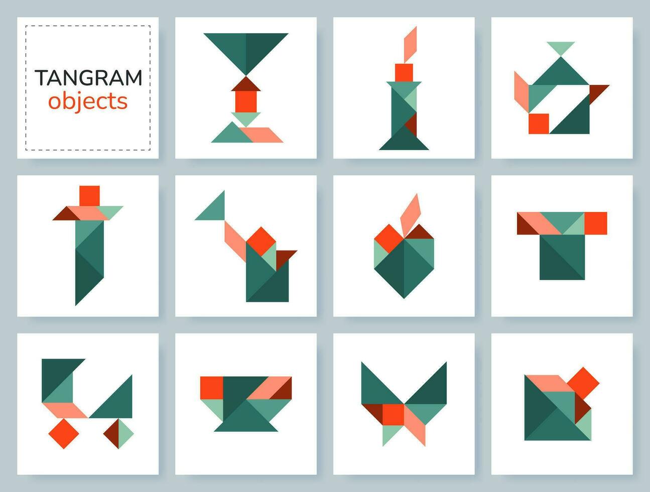 Tangram puzzle game for kids. Colorful geometric collection with isolated objects. Tangram various icons on white backdrop. Vector illustration