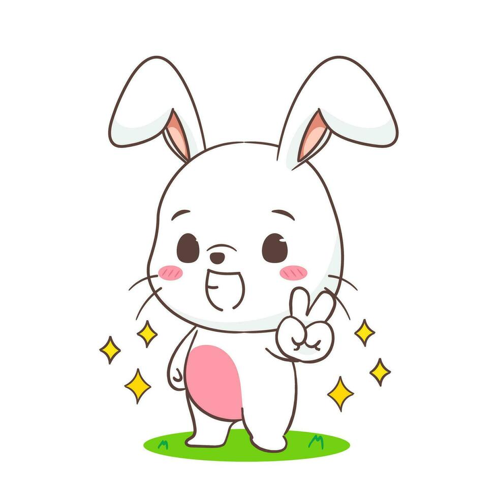 Cute rabbit cartoon posing peace hand sign. Adorable bunny character. Kawaii animal concept design. isolated white background. Mascot logo icon vector illustration