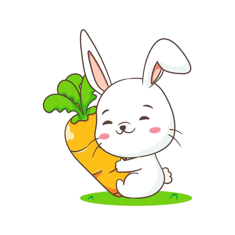 Cute rabbit cartoon with carrot. Adorable bunny character. Kawaii animal concept design. isolated white background. Mascot logo icon vector illustration