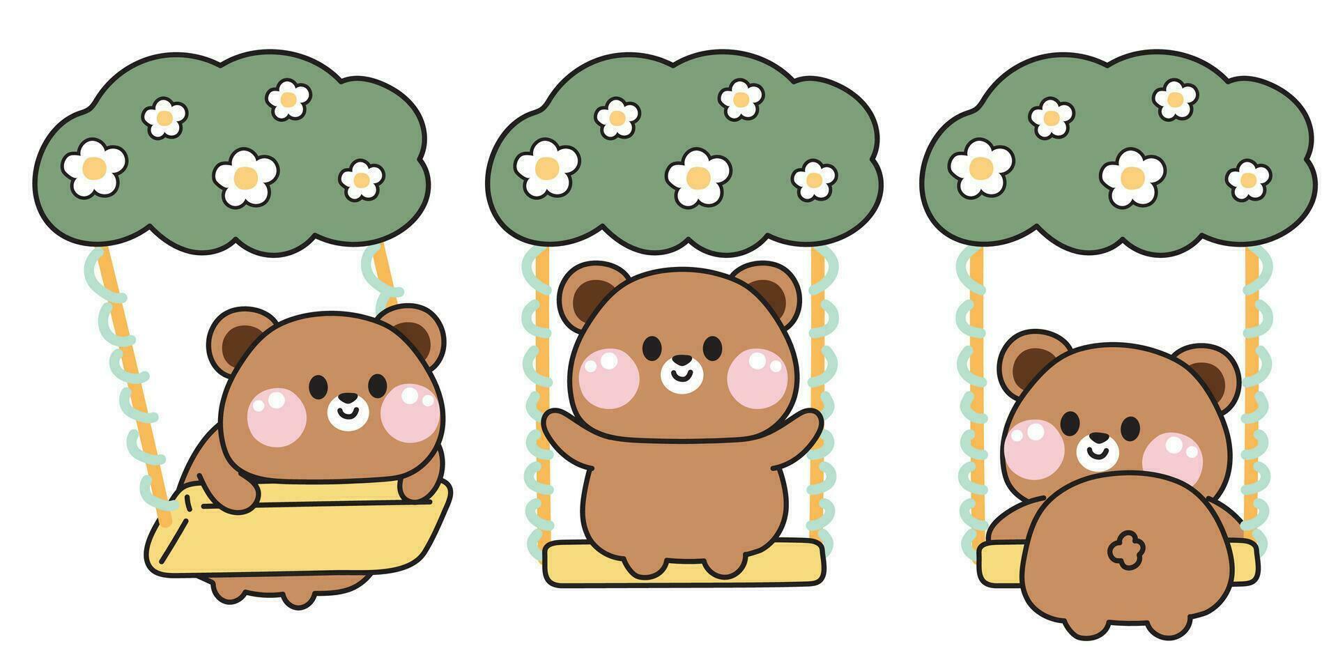 conjunto de linda osito de peluche oso jugando un columpio césped y flor diseño.selva.salvaje animal personaje dibujos animados diseño.niños juguete.divertido tiempo.kawaii.vector.ilustracion. vector