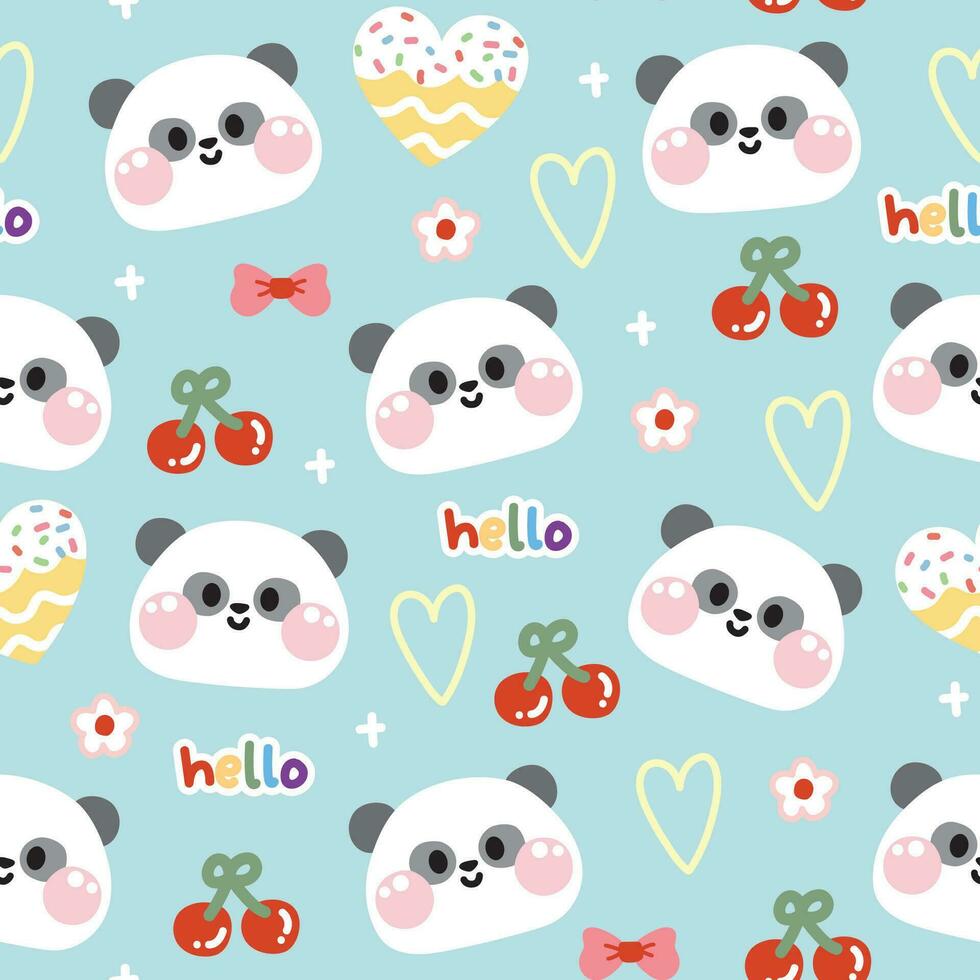 Seamless pattern of cute panda bear face with cute icon on blue pastel background.Wild animal character cartoon design.Cherry,heart,donut,flower,hello word hand drawn.Kawaii.Vector.Illustration. vector