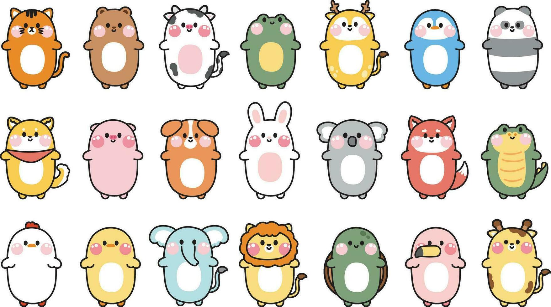 Big set of cute baby animals long body character cartoon design.Zoo collection.Wild,reptile,rodent,pet,farm animal.Kid graphic.Kawaii.Vector.Illustration. vector