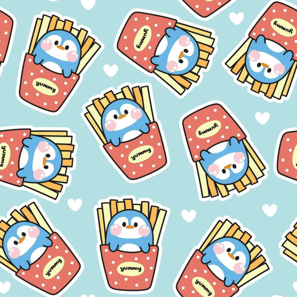Seamless pattern of cute penguin fresh fried with heart background.Bird animal character cartoon design.Fast food.Image for card,poster,baby clothing.Kawaii.Vector.Illustration. vector