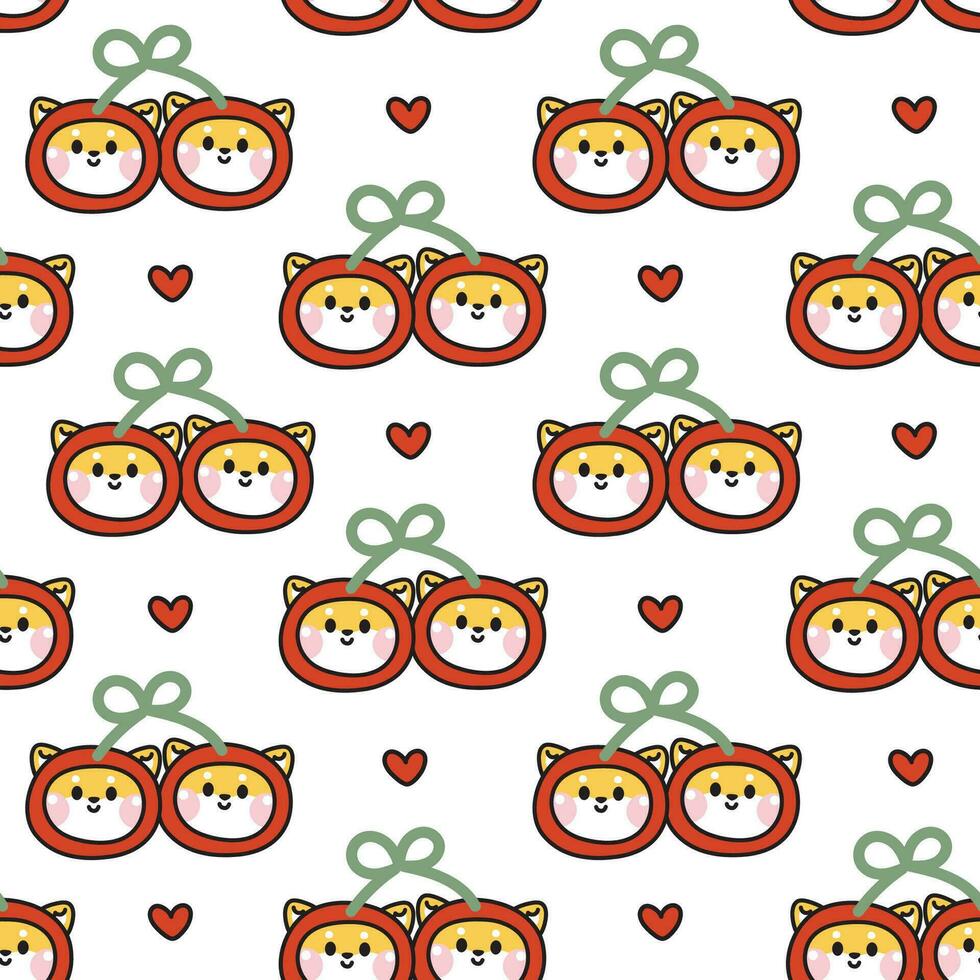 Seamless pattern of cute shiba inu dog cherry with heart on white background.Japanese pet animal character cartoon design.Image for card,psoter,baby clothing print screen.Kawaii.Vector.Illustration. vector