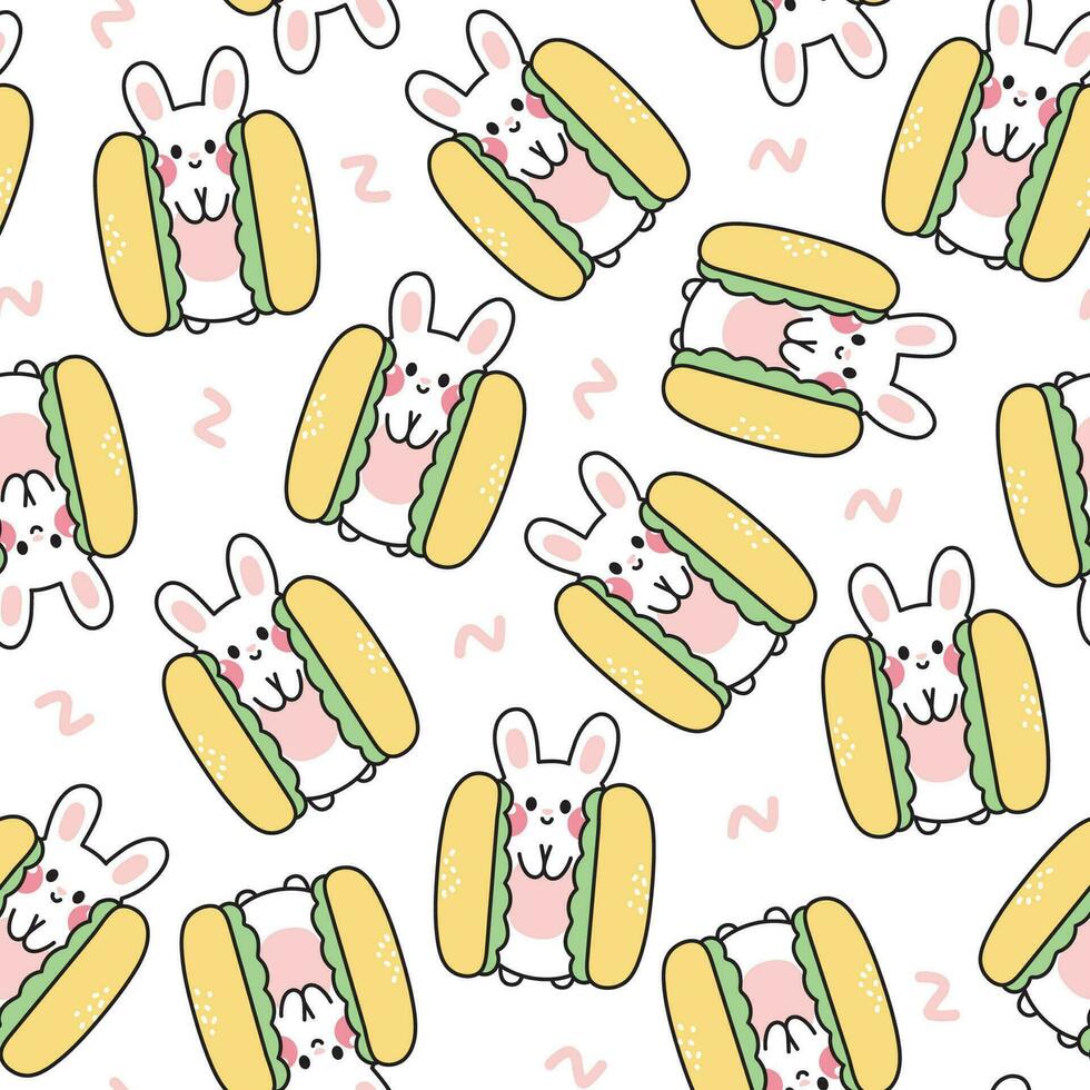 Seamless pattern of cute rabbit hotdog on white background.Bunny hand drawn.Fast food.Image for card,poster,kid product.Kawaii.Vector.Illustration. vector