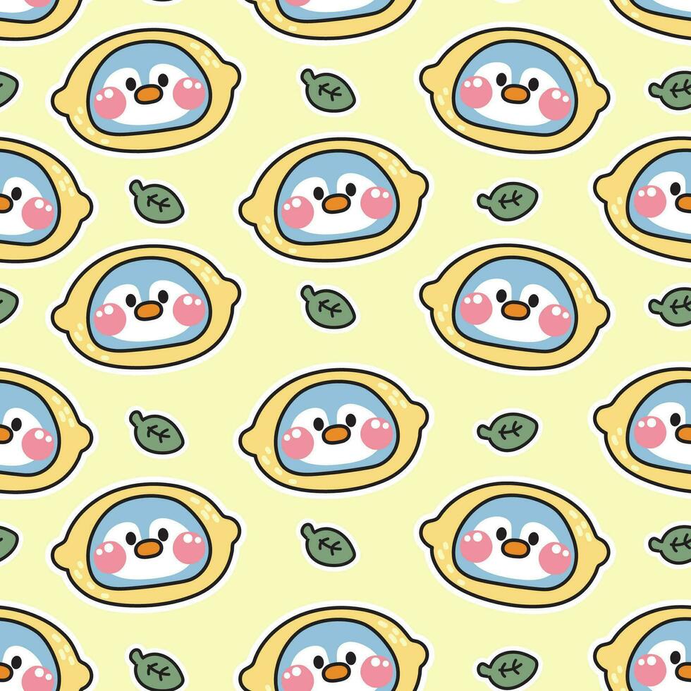 Seamless pattern of cute penguin face in lemon with leaf on pastel background.Bird animal character cartoon design.Image for card,poster,baby clothing.Fruit hand drawn.Kawaii.Vector.Illustration. vector