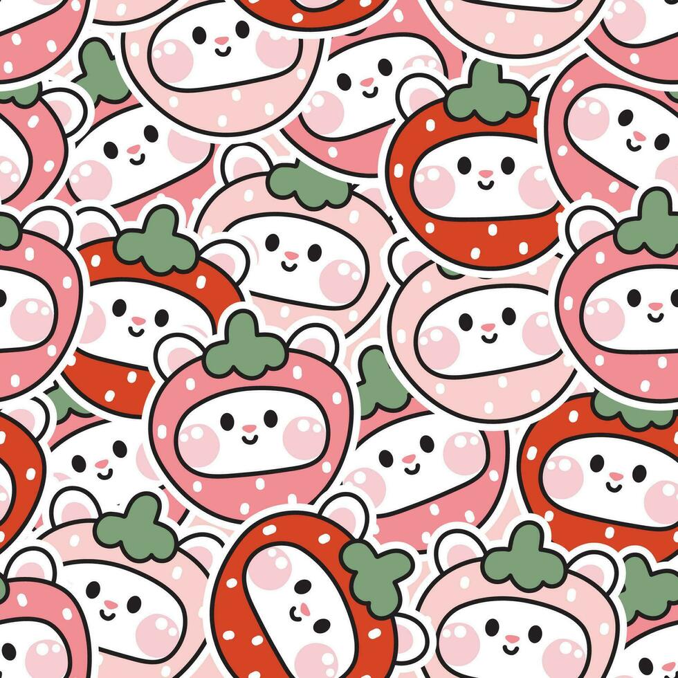 Seamless pattern of cute rabbit wear strawberry shape hat sticker background.Rodent animal character cartoon design.Bunny hand drawn.Image for card,poster,baby clothing.Kawaii.Vector.Illustration. vector