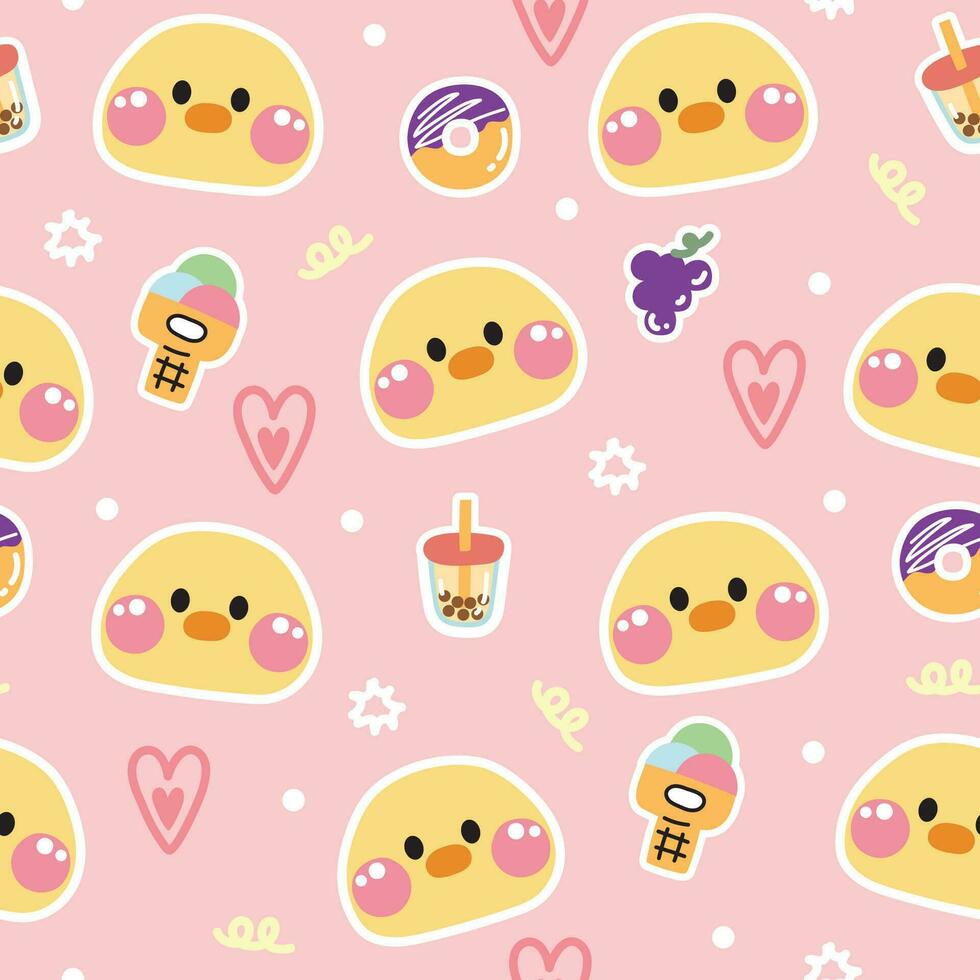 Seamless pattern of cute chicken face with icon on pink background.Farm animal character cartoon design.Donut,ice cream,bubble milk tea,heart hand drawn.Kawaii.Vector.Illustration. vector