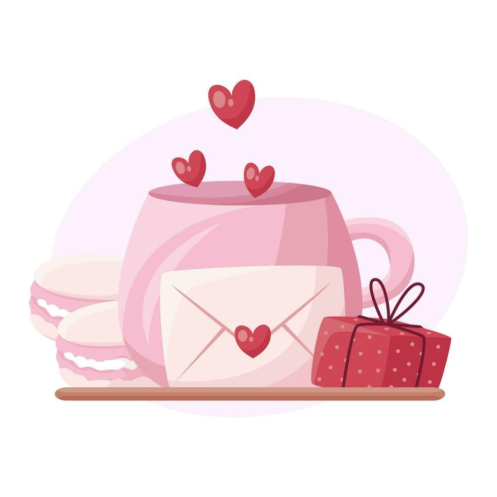 Pink cup of hearts. Macaroons. Red gift box. Envelope love. Vector illustration