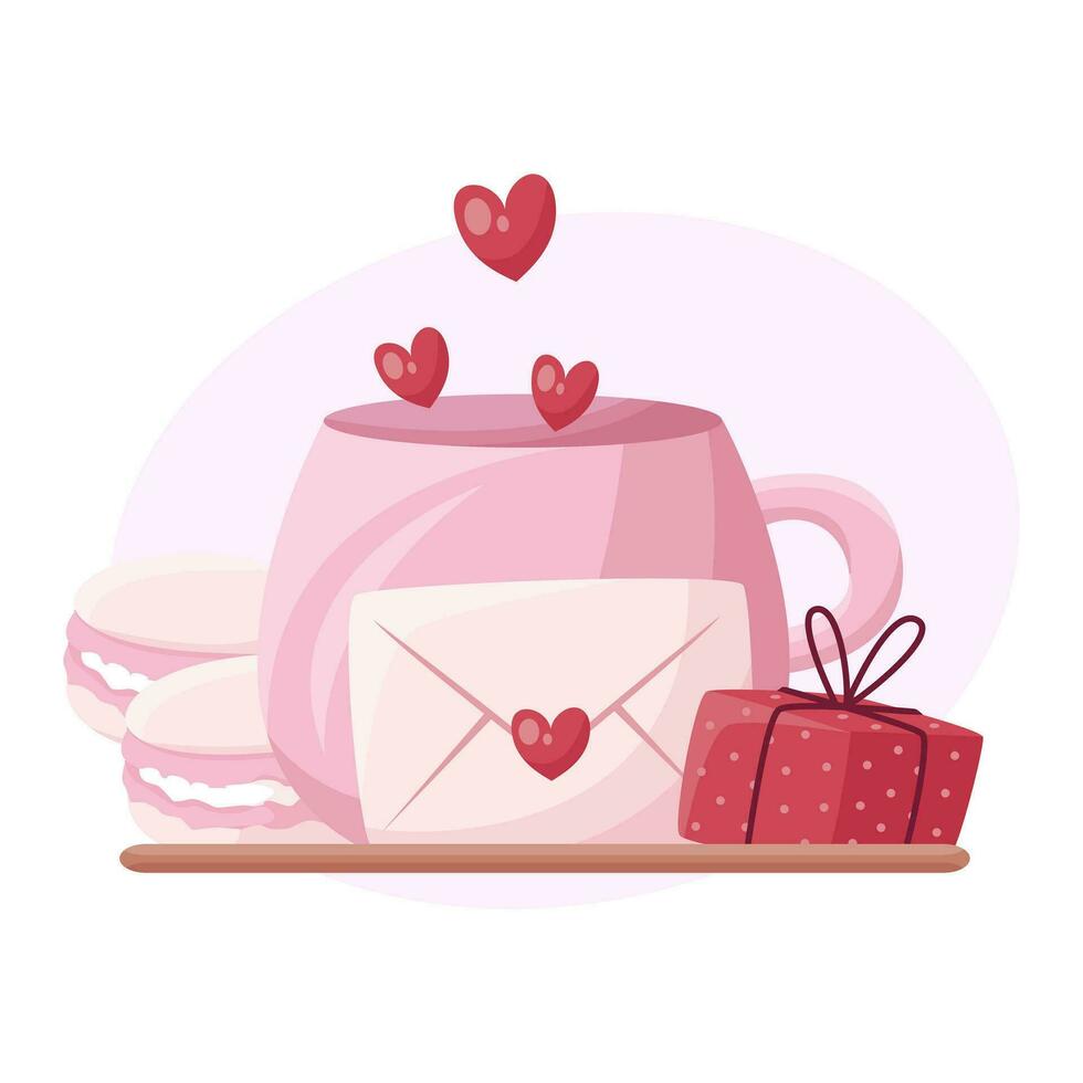 rosado taza de corazones. macarrones. rojo regalo caja. sobre amor. vector ilustración