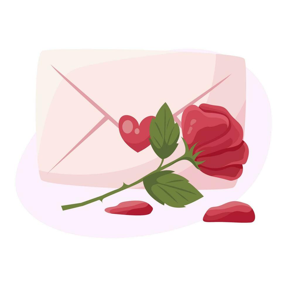 Envelope with love letter and red rose. Vector illustration