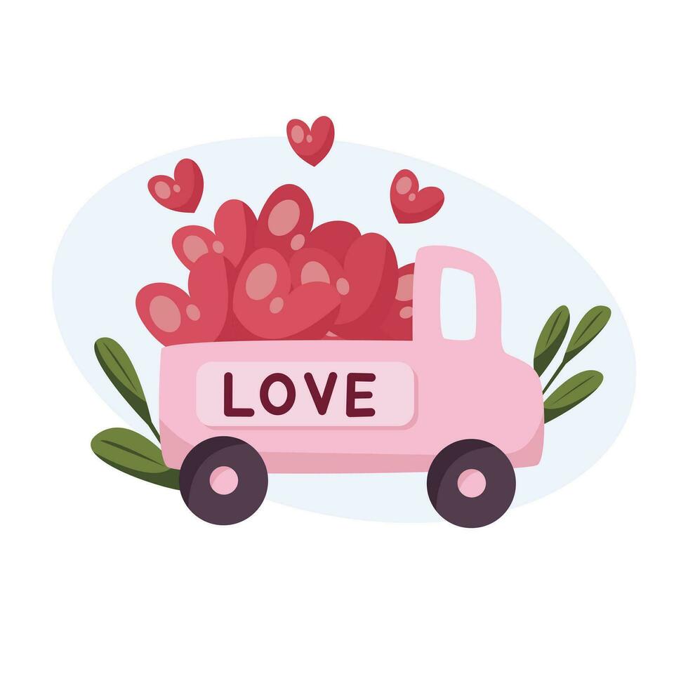 Pink car with hearts. Vector illustration for Valentines Day