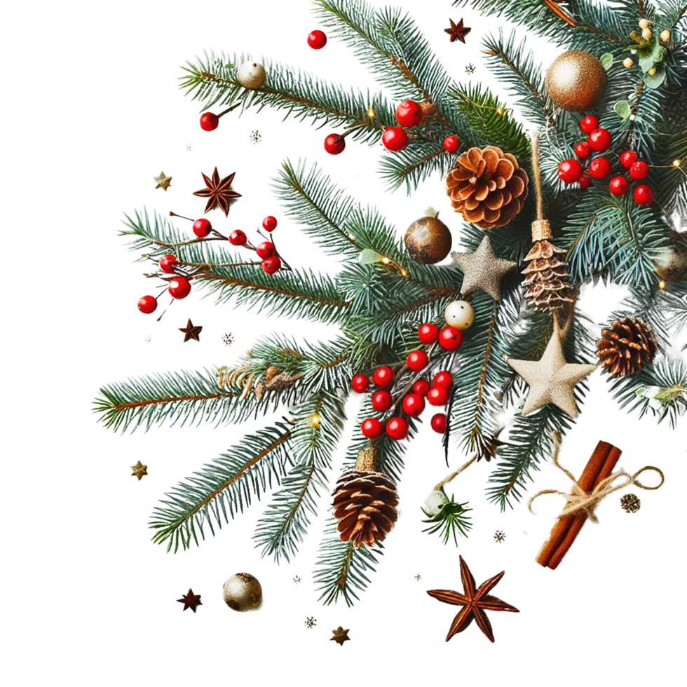 AI generated A Christmas tree branch with pine cones and colorful ornament on a transparent background png