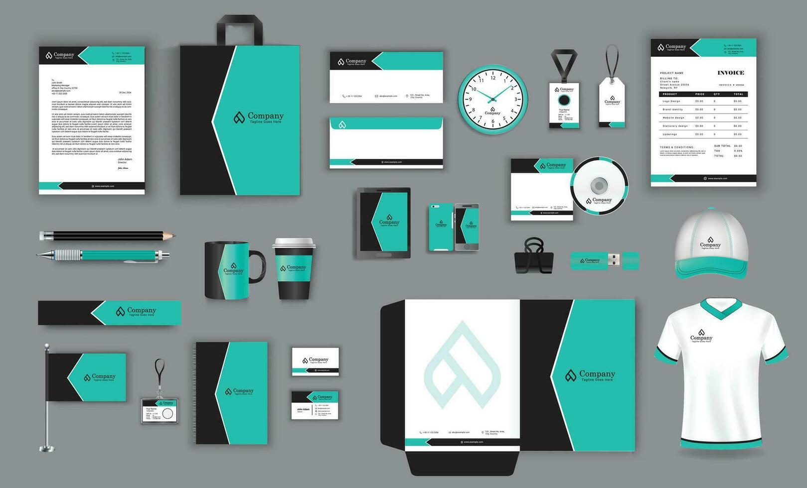 office business stationary set in green black white color vector design with letter head envelop folder id card notepad dvd cover usb paper clip pen pencil cups business card shopper invoice tshirt