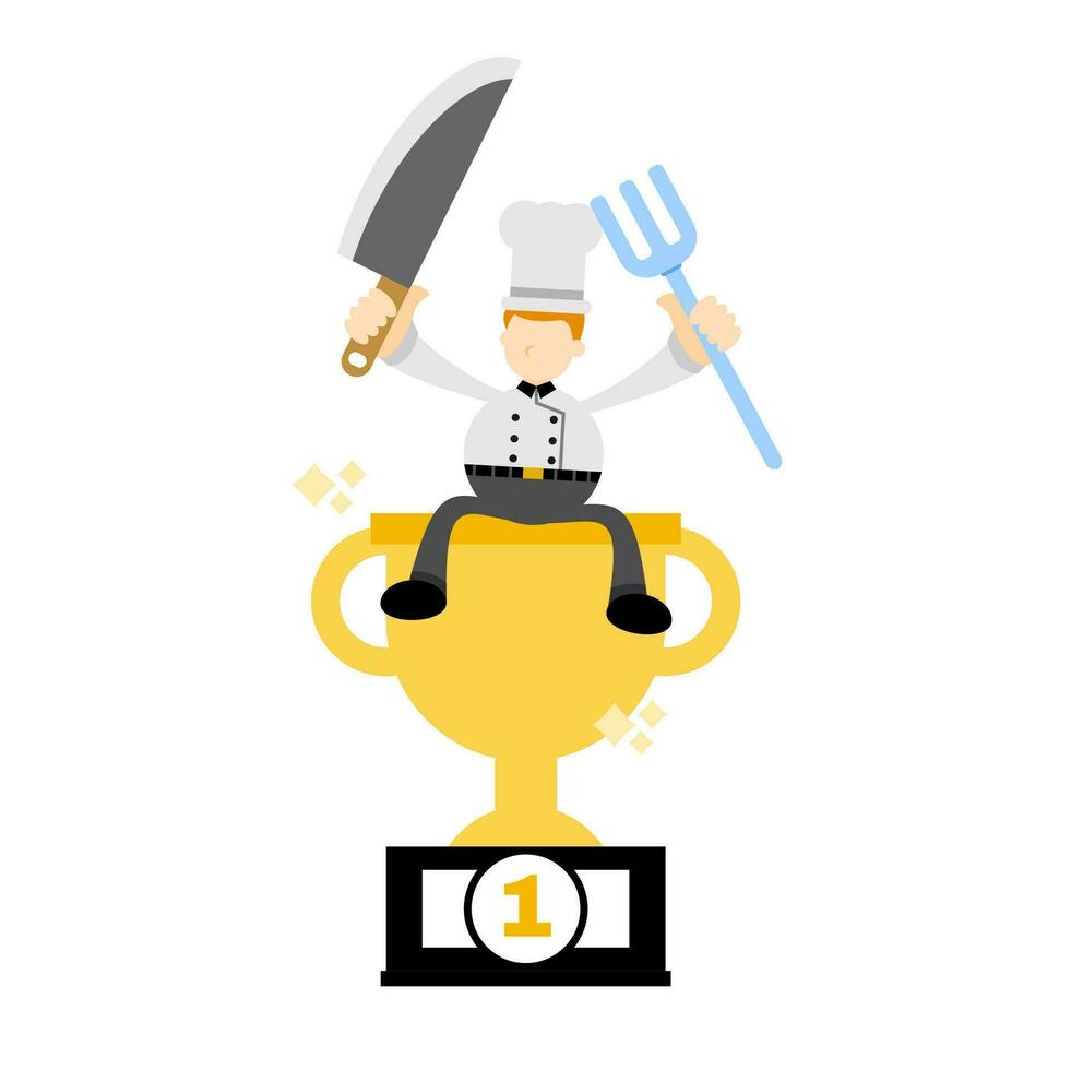 chef man worker pick trophy win champion cartoon doodle flat design style vector illustration