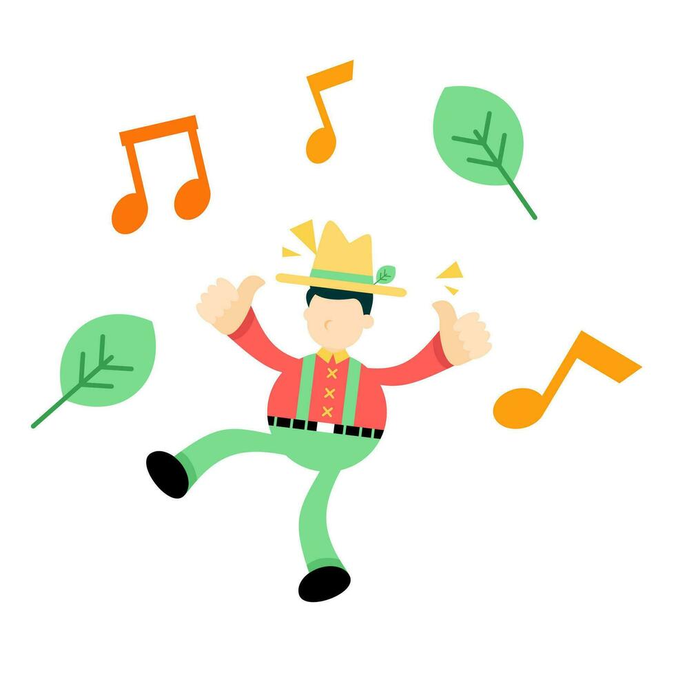 contento granjero hombre agricultura y melodía clave música Nota dibujos animados garabatear plano diseño estilo vector ilustración