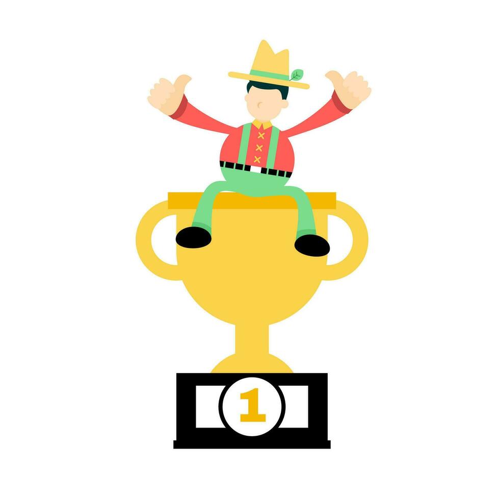 farmer man worker pick trophy win champion cartoon doodle flat design style vector illustration