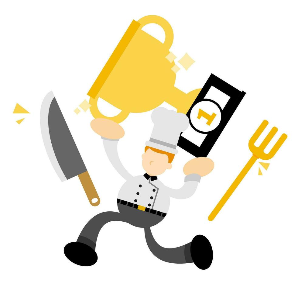 chef man worker pick trophy win champion cartoon doodle flat design style vector illustration