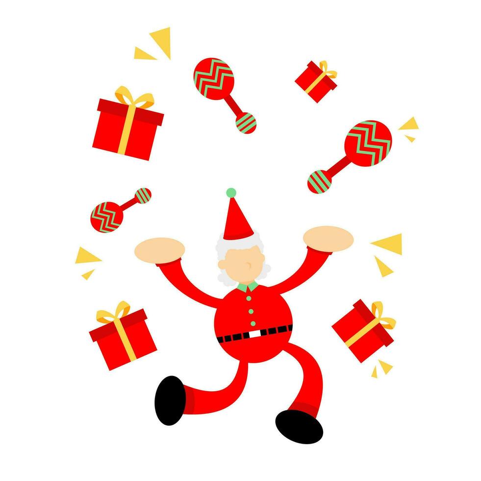 contento Navidad rojo Papa Noel y regalo caja maraca dibujos animados garabatear plano diseño estilo vector ilustración