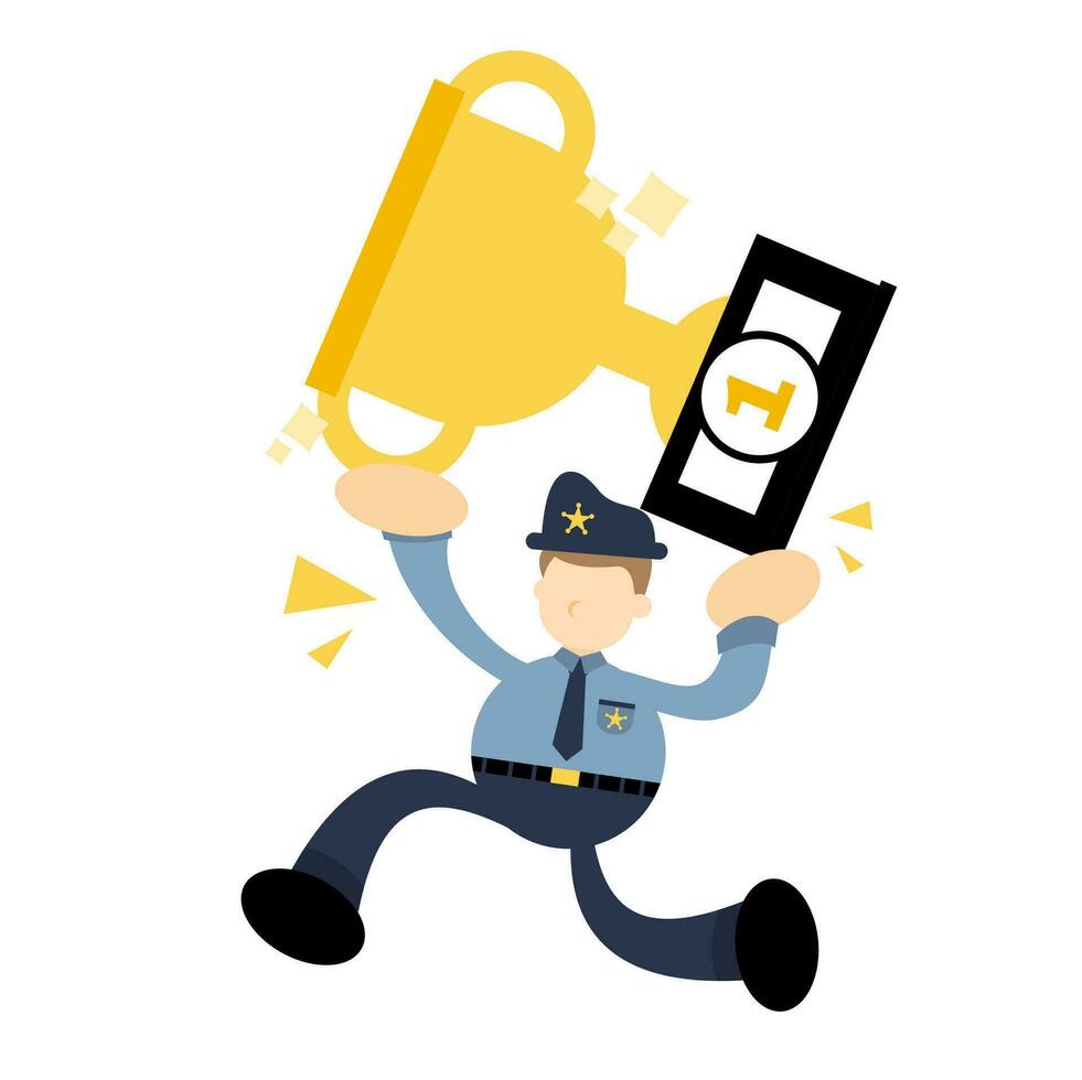 police officer man worker pick trophy win champion cartoon doodle flat design style vector illustration