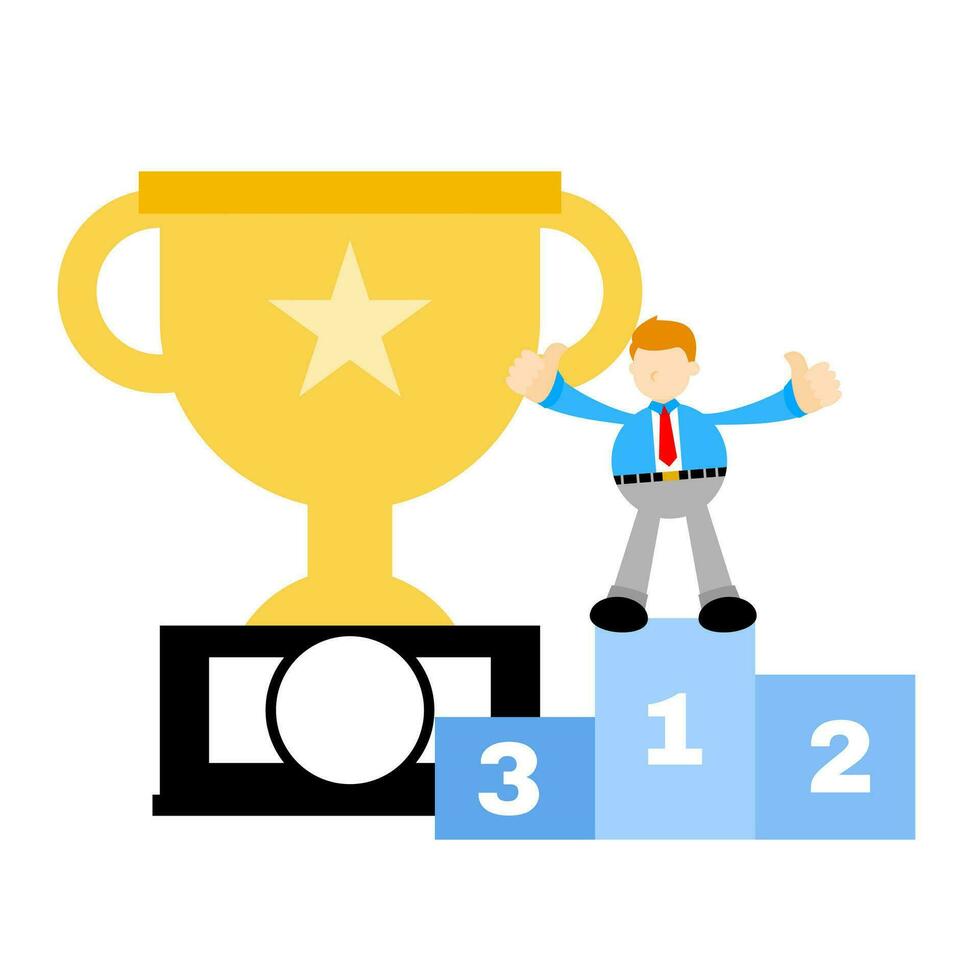 Businessman and trophy champion podium cartoon doodle flat design style vector illustration