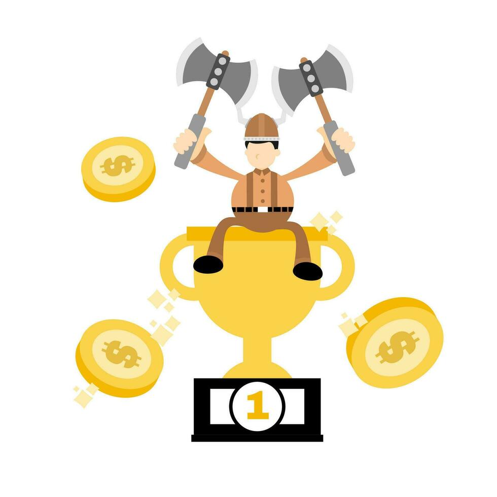 barbarian viking and champion trophy cartoon doodle business flat design style vector illustration