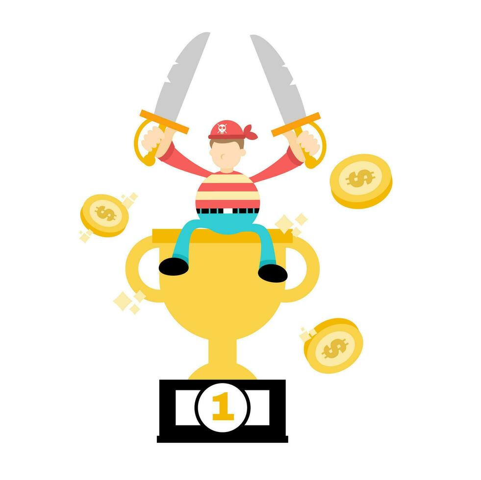 pirate sailor man worker pick trophy win champion cartoon doodle flat design style vector illustration
