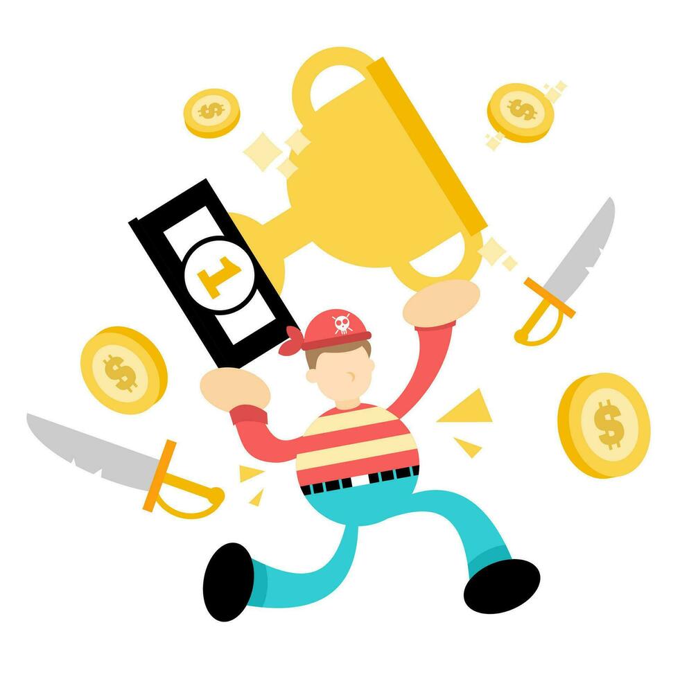 pirate sailor man worker pick trophy win champion cartoon doodle flat design style vector illustration