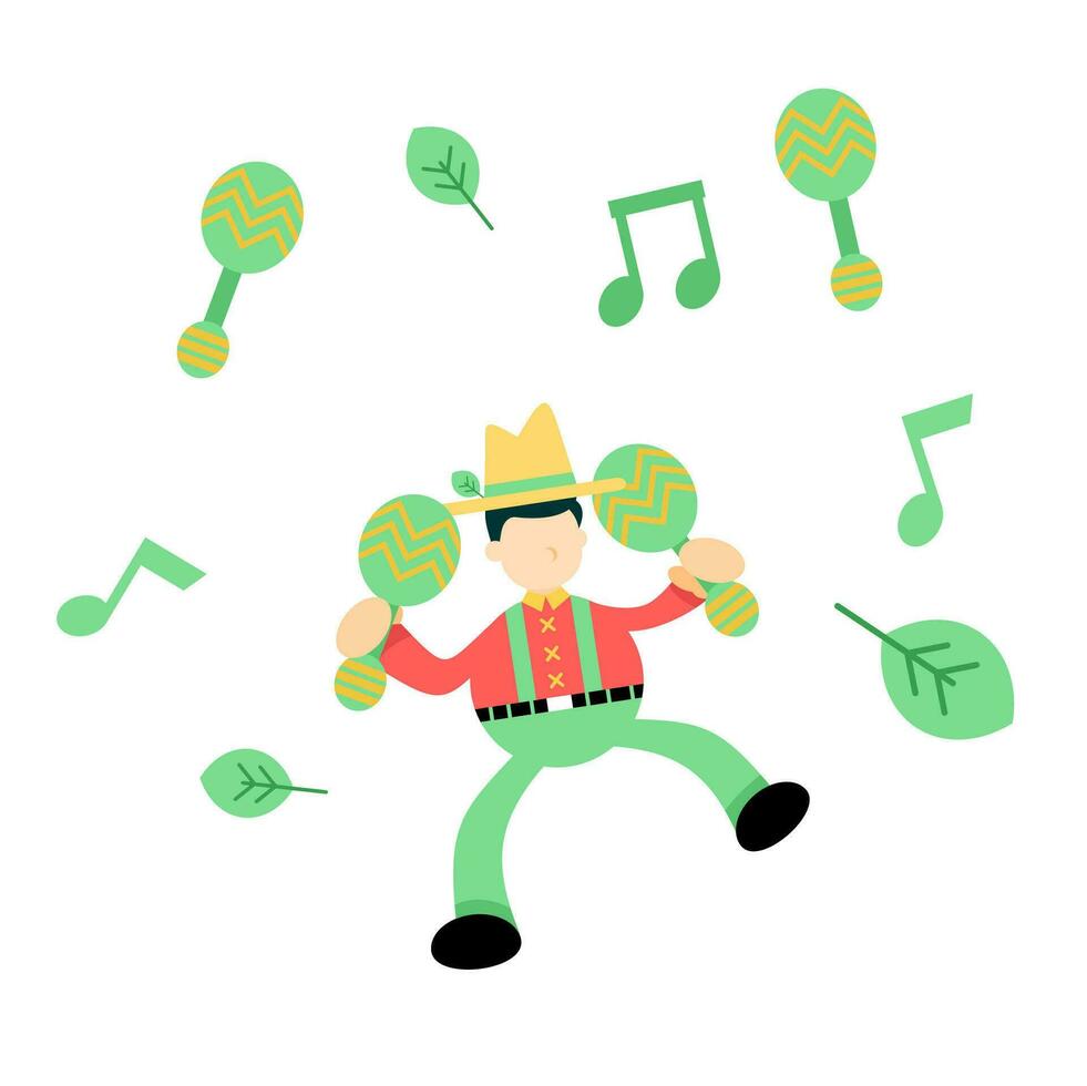 contento granjero hombre agricultura danza música maraca dibujos animados garabatear plano diseño estilo vector ilustración