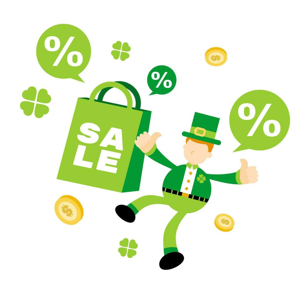 leprechaun shamrock celtic and special sale shop bag cartoon doodle flat design style vector illustration