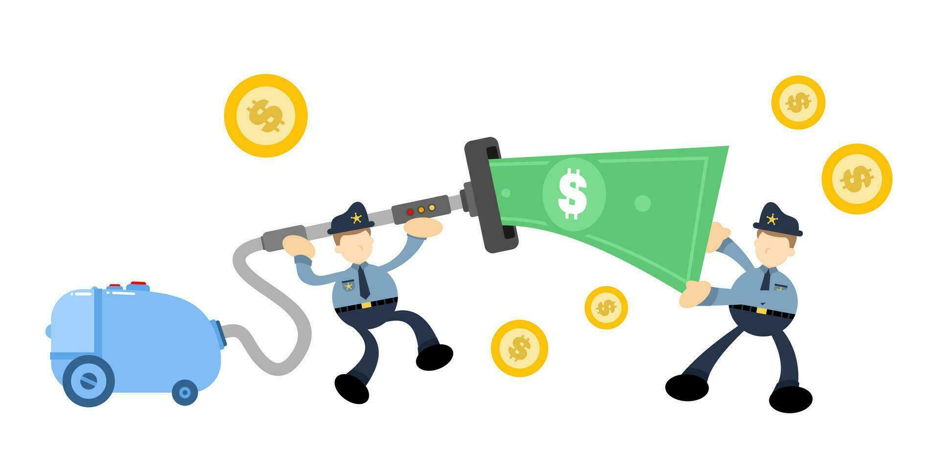 police officer and vacuum cleaner clean catch money cartoon doodle flat design style vector illustration