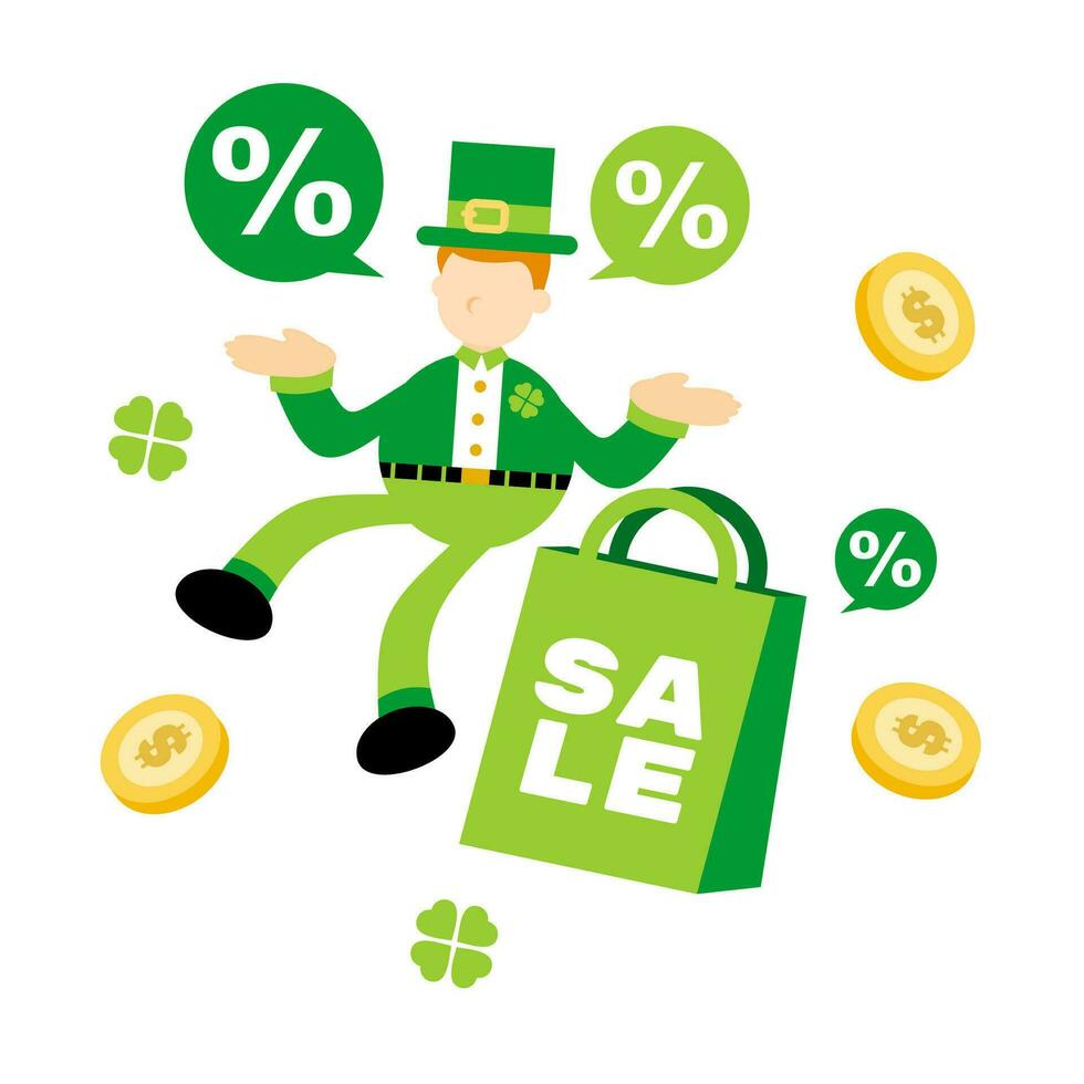 leprechaun shamrock celtic and special sale shop bag cartoon doodle flat design style vector illustration