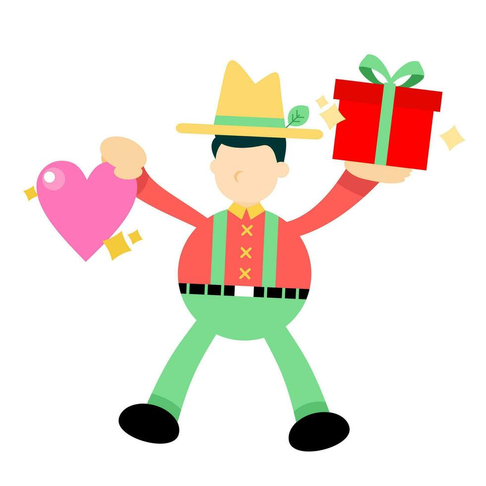 farmer man pick heart love and gift box cartoon doodle flat design style vector illustration