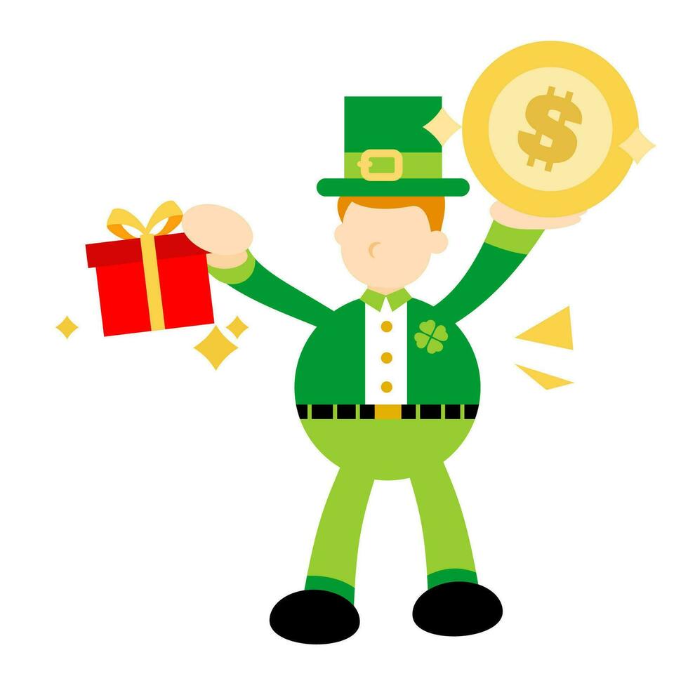 happy Leprechaun Choose Gift Box Money Coin cartoon doodle flat design style vector illustration