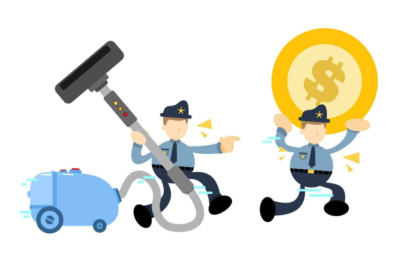 police officer and vacuum cleaner clean catch money cartoon doodle flat design style vector illustration