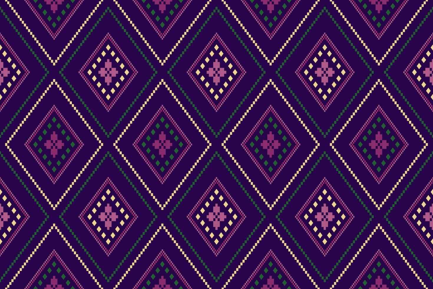 Purple cross stitch traditional ethnic pattern paisley flower Ikat background abstract Aztec African Indonesian Indian seamless pattern for fabric print cloth dress carpet curtains and sarong vector