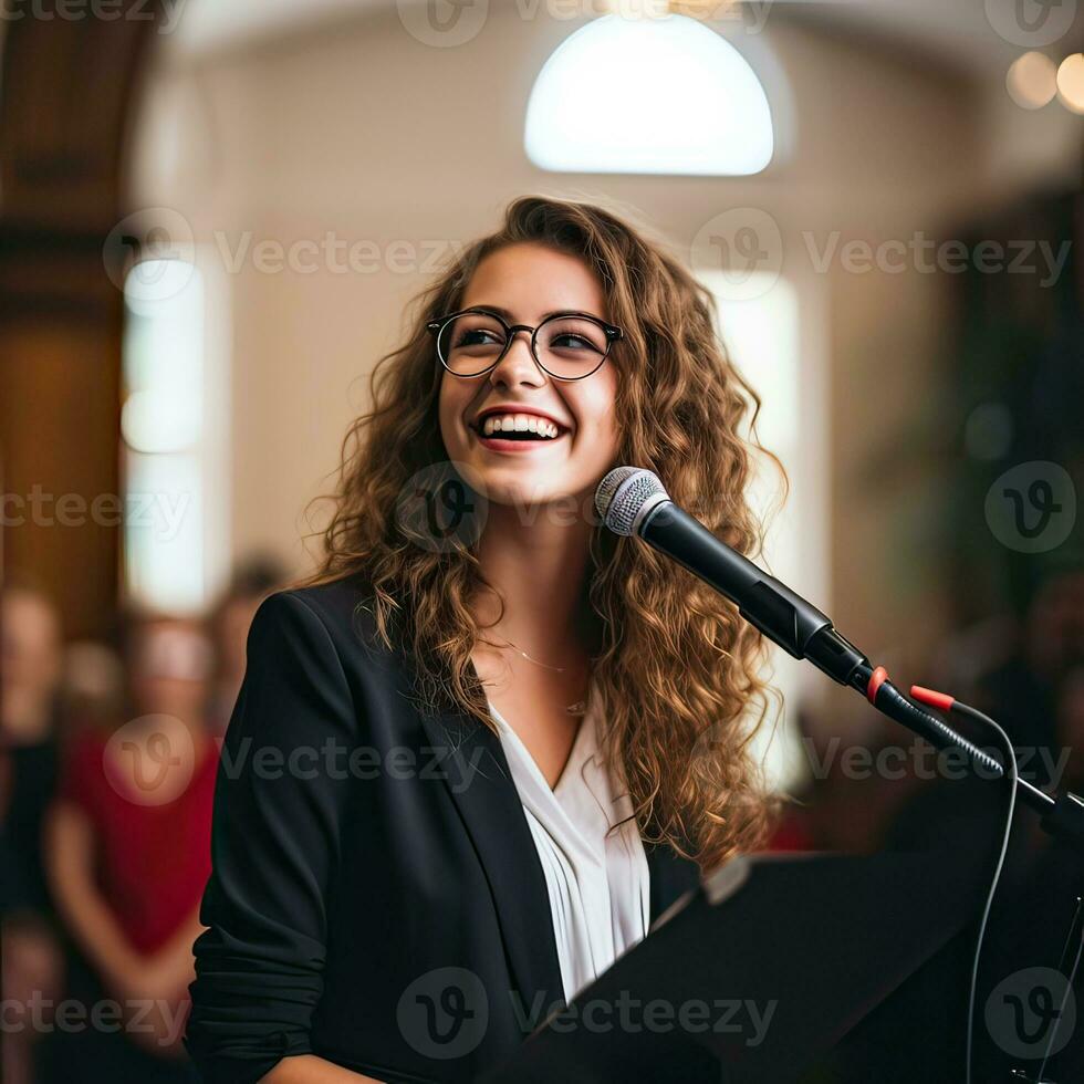 ai generado hermosa joven mujer canto con el micrófono. artista vocalista cantante, generativo ai ilustración. foto