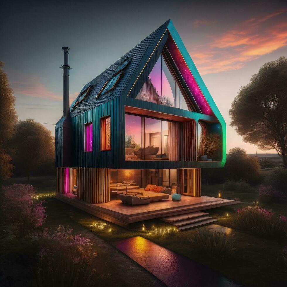 AI generated 3d rendering of modern cozy chalet house in the garden at sunset photo
