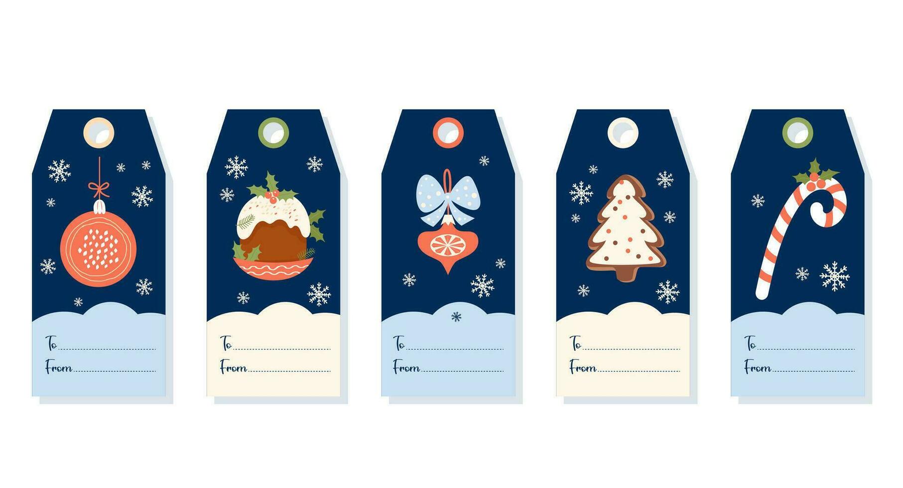 Christmas gift tags. Card labels with  gingerbread  tree, caramel, Xmas cake and balls. Collection Vector vertical design templates. New Year celebration preparation.