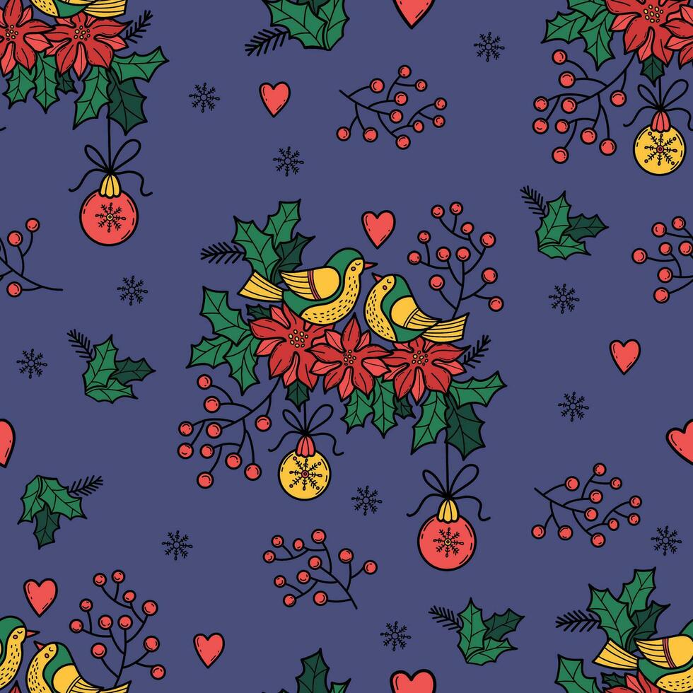 Christmas Seamless Pattern. Pair of love birds with berries, poinsettia flowers, holly and Christmas balls on blue background. Vector illustration.