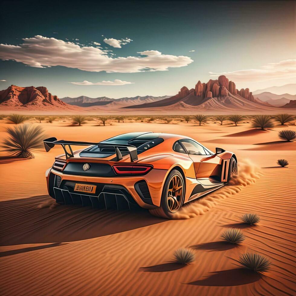 AI generated 3D rendering of a modern sports car in the desert photo