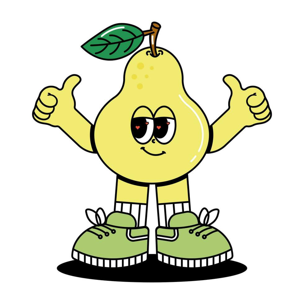 Cute character yellow Pear in groovy cartoon style. Trendy and modern illustration with funky comic mascot. 70s, 80s retro vibes. Vector