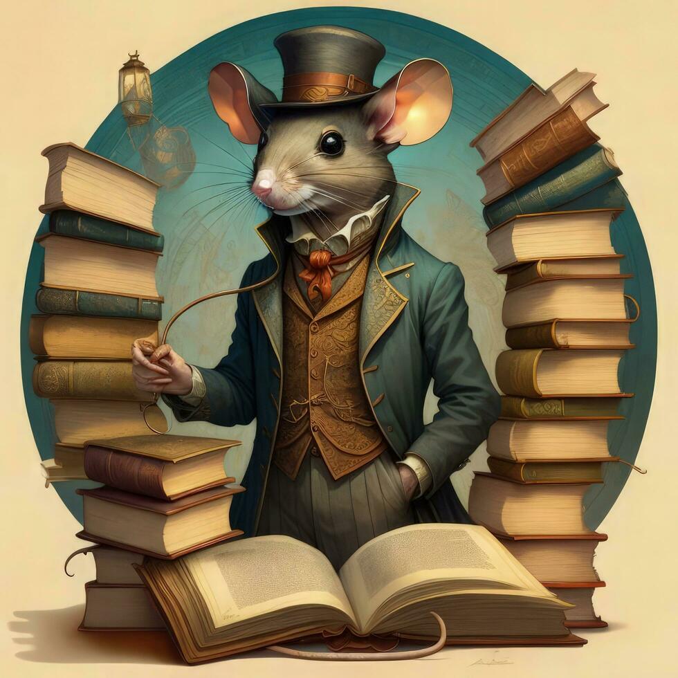 ai generado retro estilo retrato de un ratón en un sombrero y con libros foto